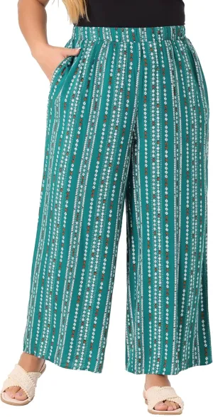 Agnes Orinda Plus Size Palazzo Pants for Women Stripe Boho Wide Leg Paper Bag Pants Beach Casual Summer
