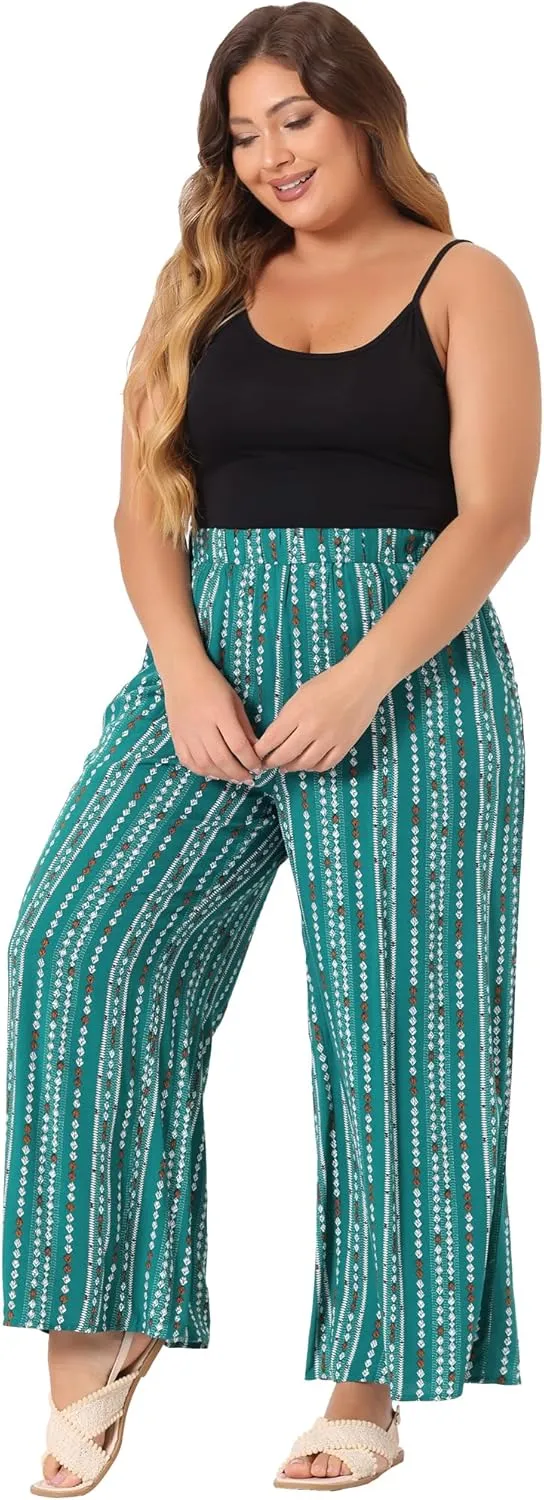 Agnes Orinda Plus Size Palazzo Pants for Women Stripe Boho Wide Leg Paper Bag Pants Beach Casual Summer