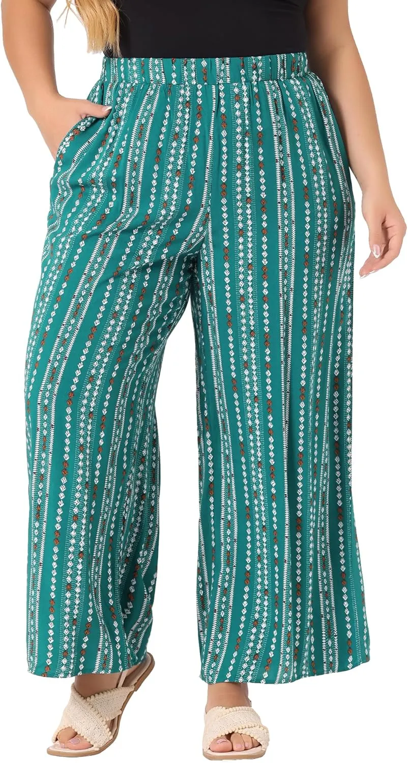 Agnes Orinda Plus Size Palazzo Pants for Women Stripe Boho Wide Leg Paper Bag Pants Beach Casual Summer
