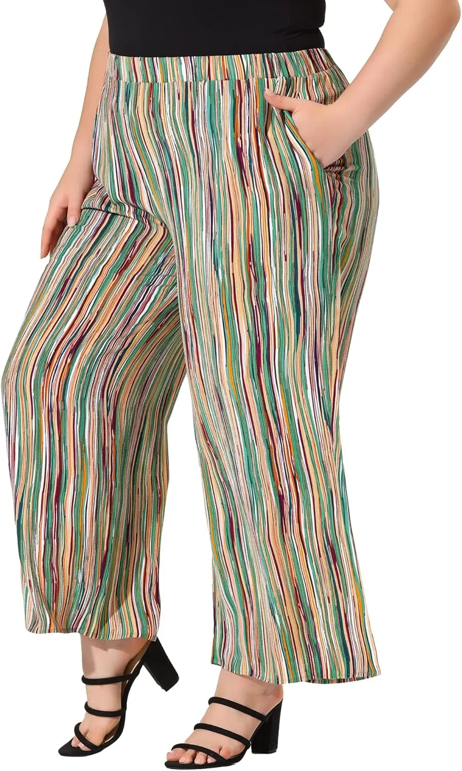 Agnes Orinda Plus Size Palazzo Pants for Women Stripe Boho Wide Leg Paper Bag Pants Beach Casual Summer