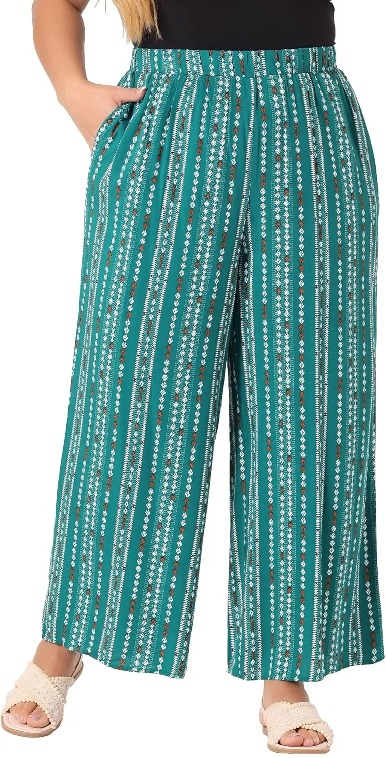 Agnes Orinda Plus Size Palazzo Pants for Women Stripe Boho Wide Leg Paper Bag Pants Beach Casual Summer