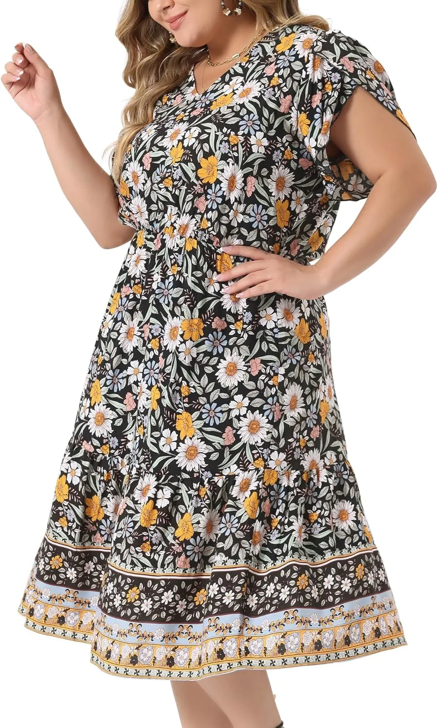Agnes Orinda Plus Size Summer Boho Dresses for Women V Neck Short Sleeve Casual Floral Print Beach Midi Dress