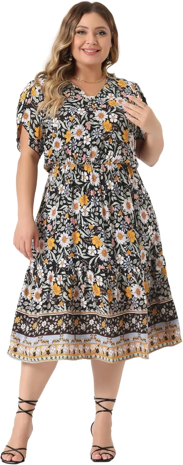 Agnes Orinda Plus Size Summer Boho Dresses for Women V Neck Short Sleeve Casual Floral Print Beach Midi Dress