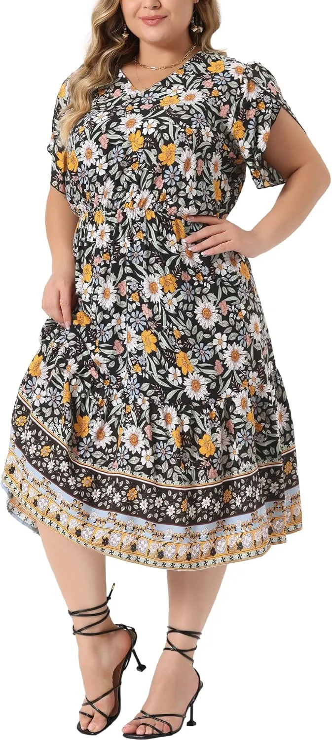 Agnes Orinda Plus Size Summer Boho Dresses for Women V Neck Short Sleeve Casual Floral Print Beach Midi Dress