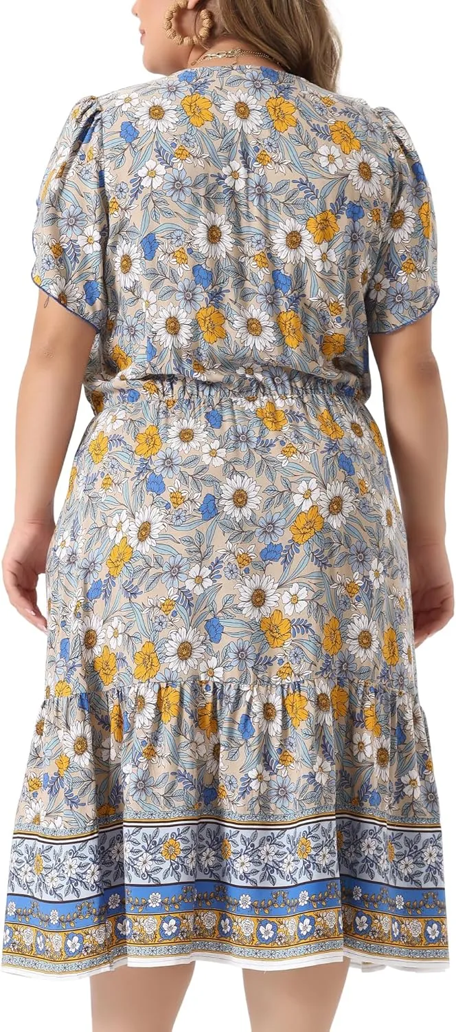 Agnes Orinda Plus Size Summer Boho Dresses for Women V Neck Short Sleeve Casual Floral Print Beach Midi Dress