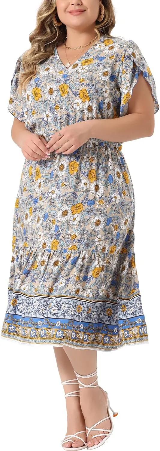 Agnes Orinda Plus Size Summer Boho Dresses for Women V Neck Short Sleeve Casual Floral Print Beach Midi Dress