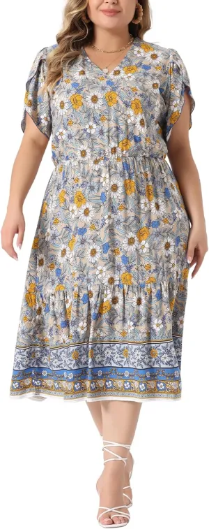 Agnes Orinda Plus Size Summer Boho Dresses for Women V Neck Short Sleeve Casual Floral Print Beach Midi Dress