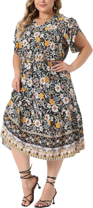 Agnes Orinda Plus Size Summer Boho Dresses for Women V Neck Short Sleeve Casual Floral Print Beach Midi Dress