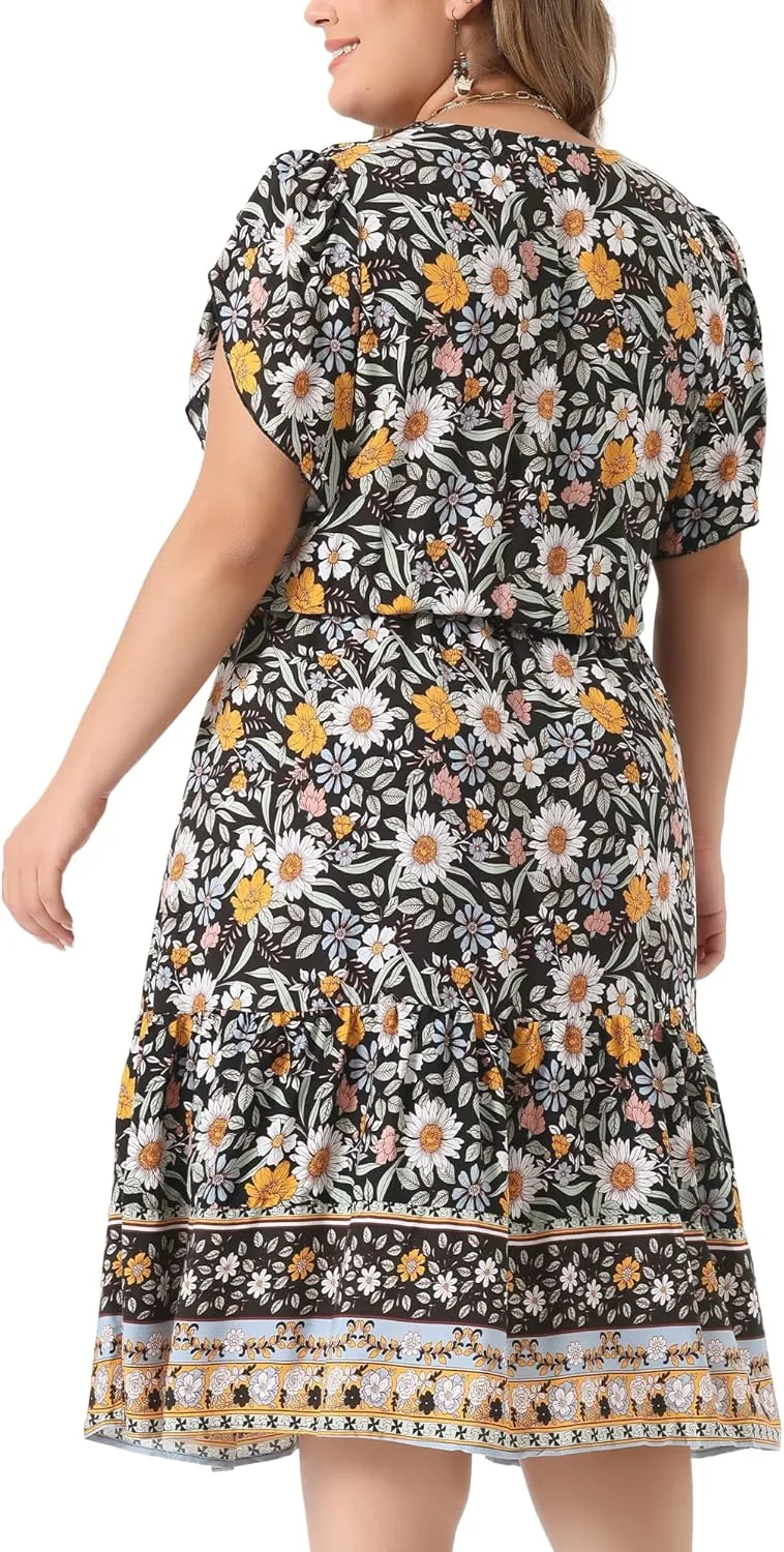 Agnes Orinda Plus Size Summer Boho Dresses for Women V Neck Short Sleeve Casual Floral Print Beach Midi Dress