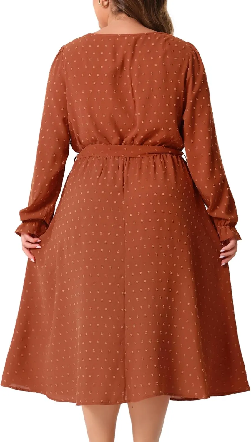 Agnes Orinda Plus Size Swiss Dot Dress for Women V Neck Long Sleeve Tie Belt A Line Flowy Midi Dresses with Pockets