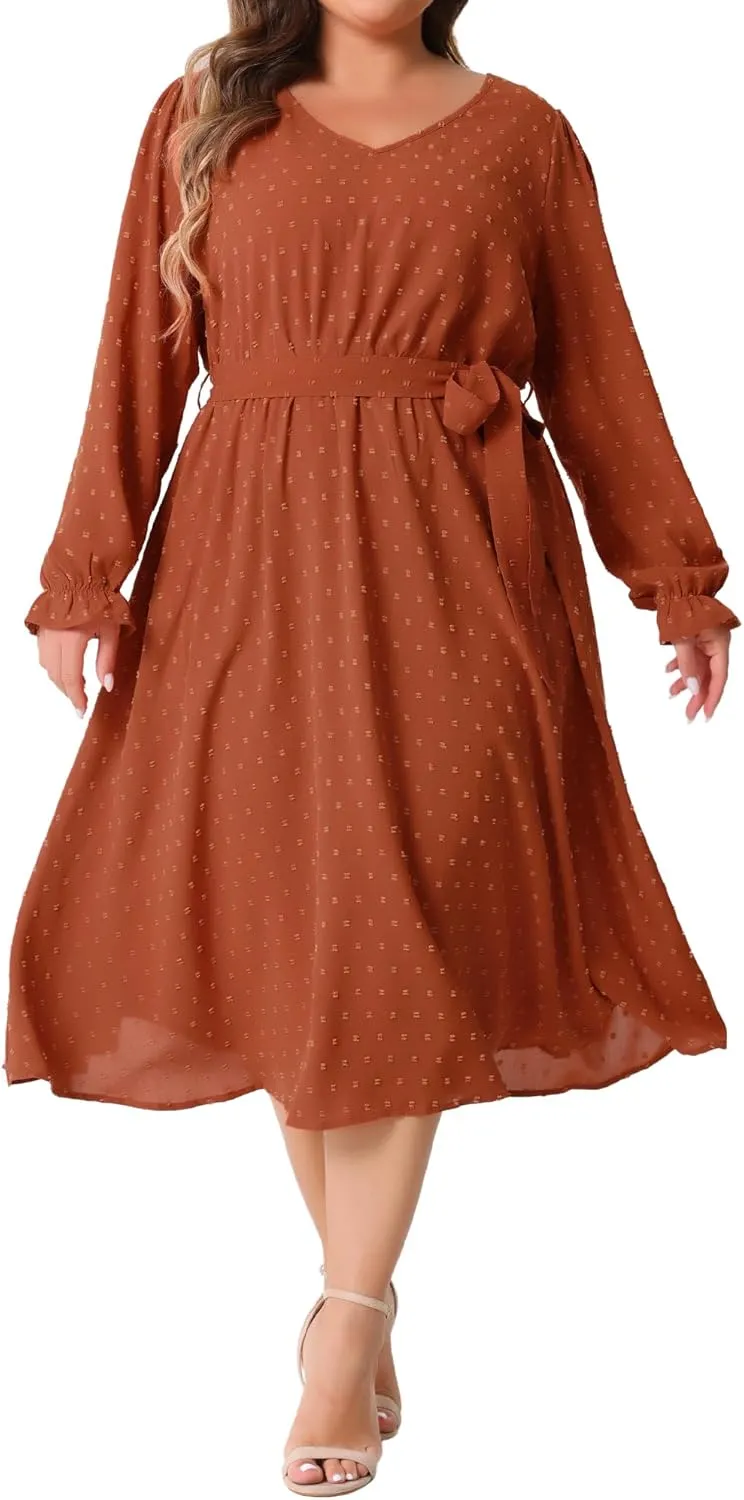 Agnes Orinda Plus Size Swiss Dot Dress for Women V Neck Long Sleeve Tie Belt A Line Flowy Midi Dresses with Pockets