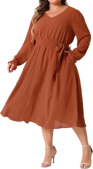Agnes Orinda Plus Size Swiss Dot Dress for Women V Neck Long Sleeve Tie Belt A Line Flowy Midi Dresses with Pockets