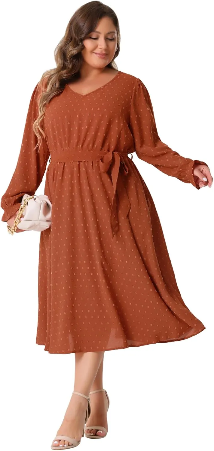 Agnes Orinda Plus Size Swiss Dot Dress for Women V Neck Long Sleeve Tie Belt A Line Flowy Midi Dresses with Pockets