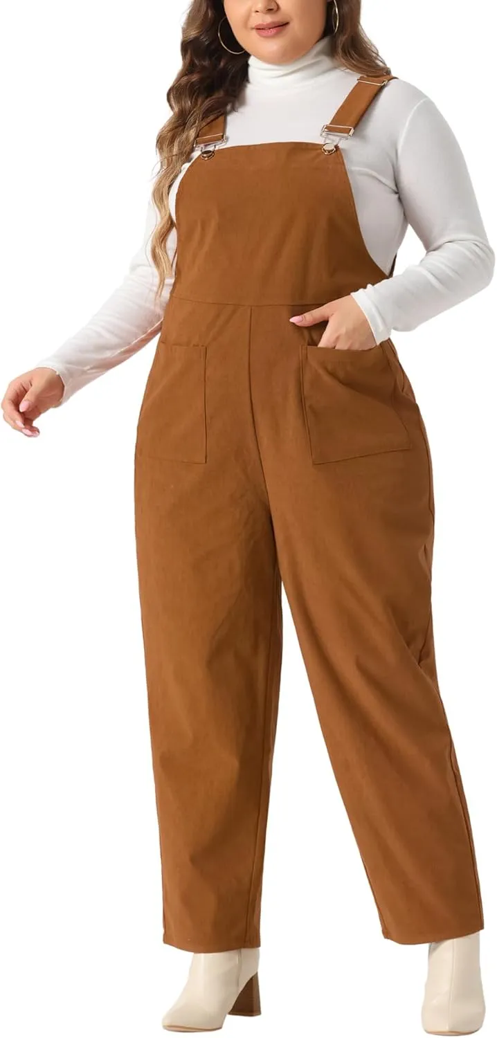 Agnes Orinda Plus Size Women's Corduroy Overalls Adjustable Strap Straight Leg Casual Jumpsuit with Pockets Outfits Fall