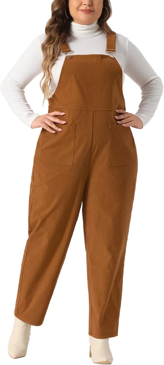 Agnes Orinda Plus Size Women's Corduroy Overalls Adjustable Strap Straight Leg Casual Jumpsuit with Pockets Outfits Fall