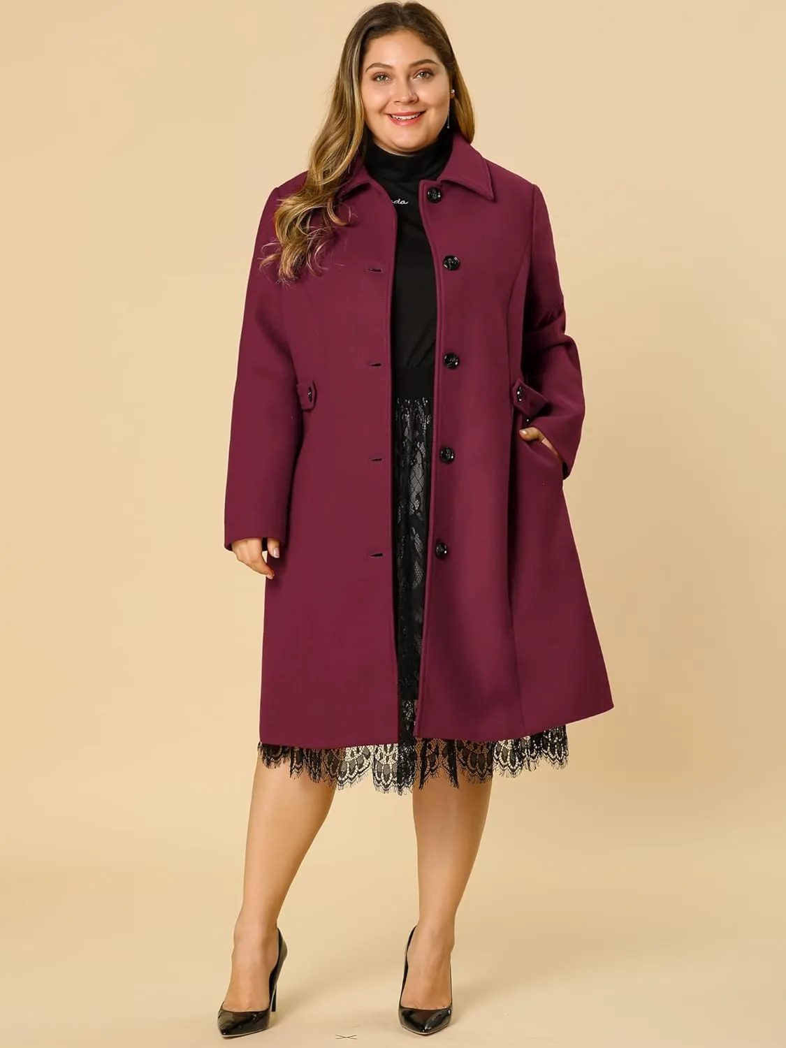Agnes Orinda Women's Plus Size Single Breasted Belted Winter Long Coat