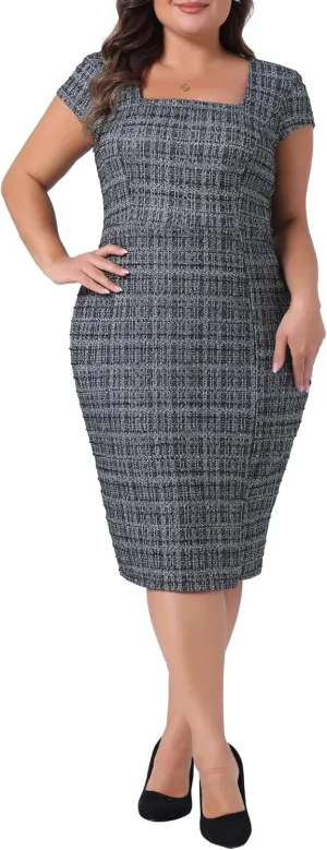 Agnes Orinda Women's Plus Size Vintage Midi Pencil Dress Tweed Cap Sleeve Sheath Dress Square Neck Work Dresses