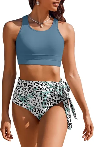 AI'MAGE Womens High Waisted Bikini Set Tummy Control 2 Piece Bathing Suit Modest Racerback Swimsuit 2025 with Tie Side Knot