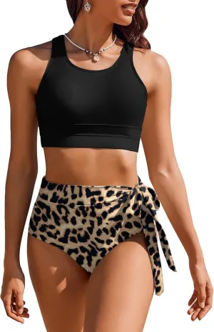 AI'MAGE Womens High Waisted Bikini Set Tummy Control 2 Piece Bathing Suit Modest Racerback Swimsuit 2025 with Tie Side Knot