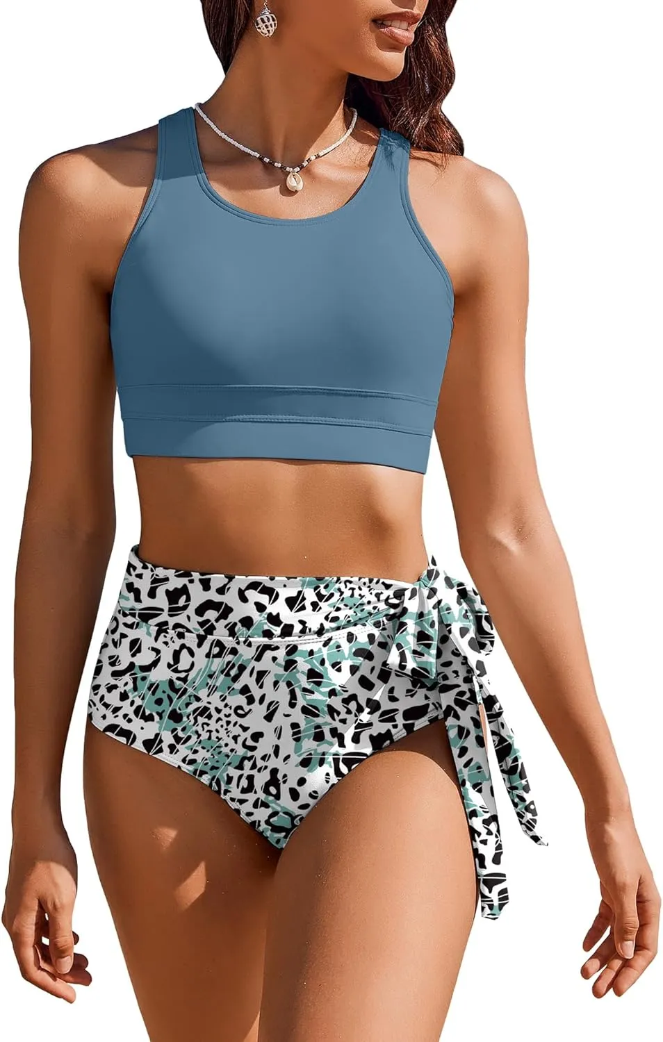 AI'MAGE Womens High Waisted Bikini Set Tummy Control 2 Piece Bathing Suit Modest Racerback Swimsuit 2025 with Tie Side Knot