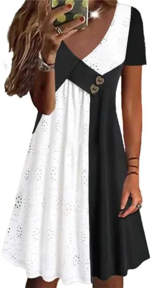 Akivide Women Casual Short Sleeve V Neck Eyelet Midi Dress Summer Contrast Button Plus Size Flowy Beach Tunic Tshirt Dress