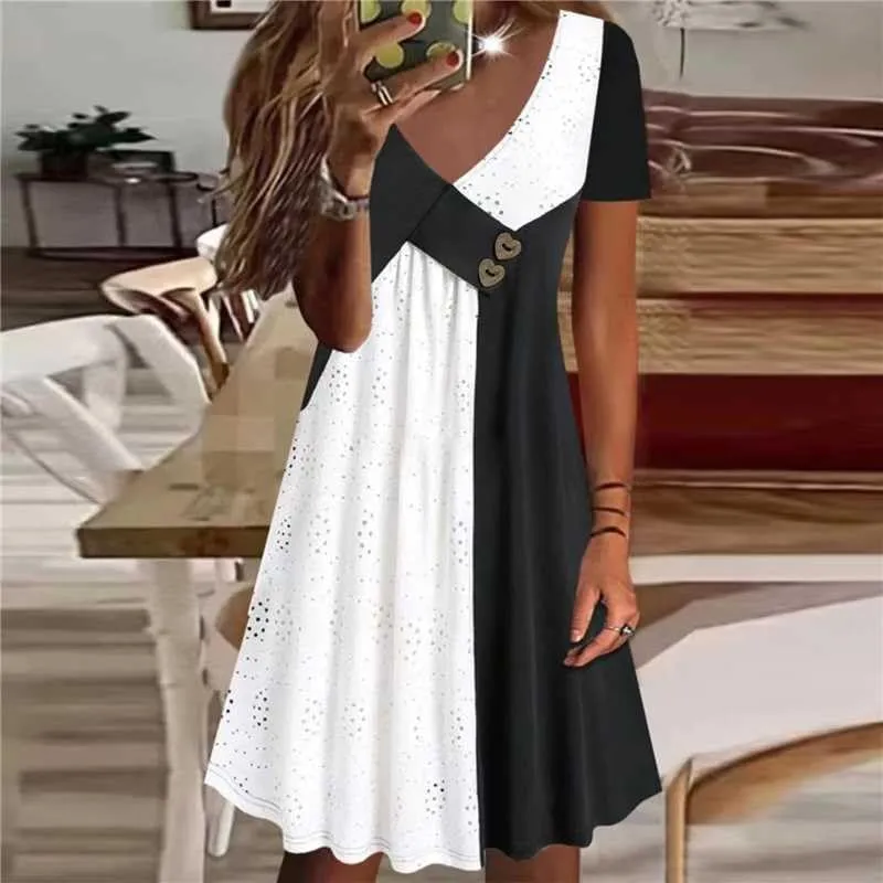 Akivide Women Casual Short Sleeve V Neck Eyelet Midi Dress Summer Contrast Button Plus Size Flowy Beach Tunic Tshirt Dress