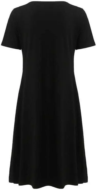 Akivide Women Casual Short Sleeve V Neck Eyelet Midi Dress Summer Contrast Button Plus Size Flowy Beach Tunic Tshirt Dress