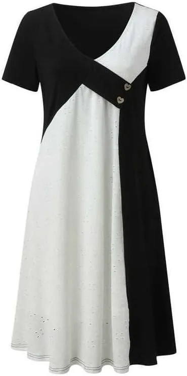 Akivide Women Casual Short Sleeve V Neck Eyelet Midi Dress Summer Contrast Button Plus Size Flowy Beach Tunic Tshirt Dress