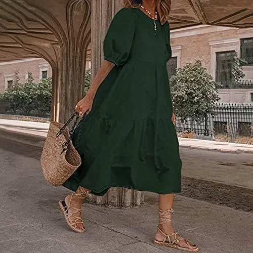 Akivide Women Cotton Linen Short Sleeve Maxi Dress Crewneck Tiered Solid Summer Casual Loose Flowy Beach Tshirt Dress