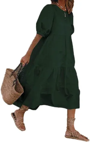 Akivide Women Cotton Linen Short Sleeve Maxi Dress Crewneck Tiered Solid Summer Casual Loose Flowy Beach Tshirt Dress