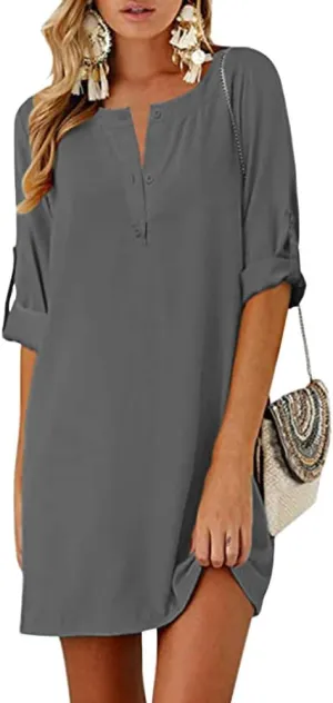 Akivide Women Summer Cotton Linen Half Sleeve Button Up Midi Dress V Neck Casual Plus Size Flowy Beach Shirt Dress