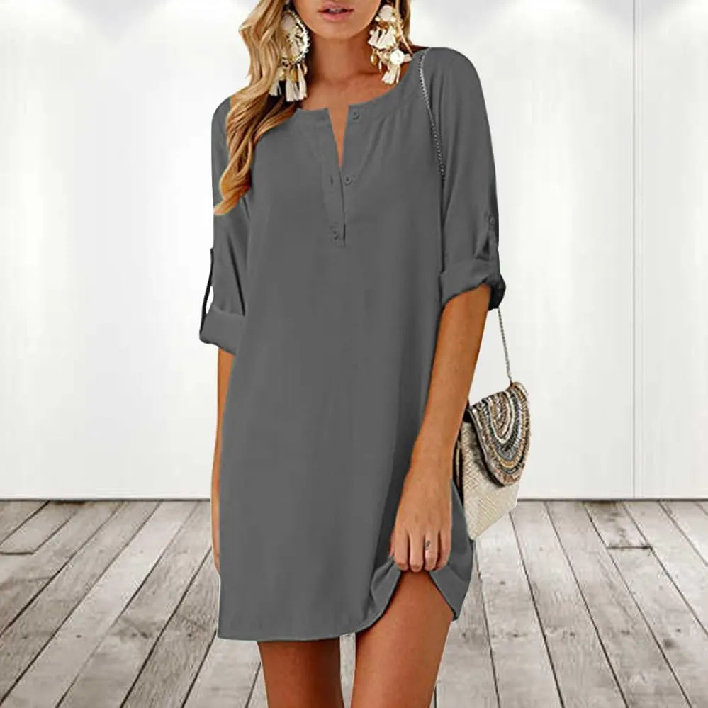Akivide Women Summer Cotton Linen Half Sleeve Button Up Midi Dress V Neck Casual Plus Size Flowy Beach Shirt Dress