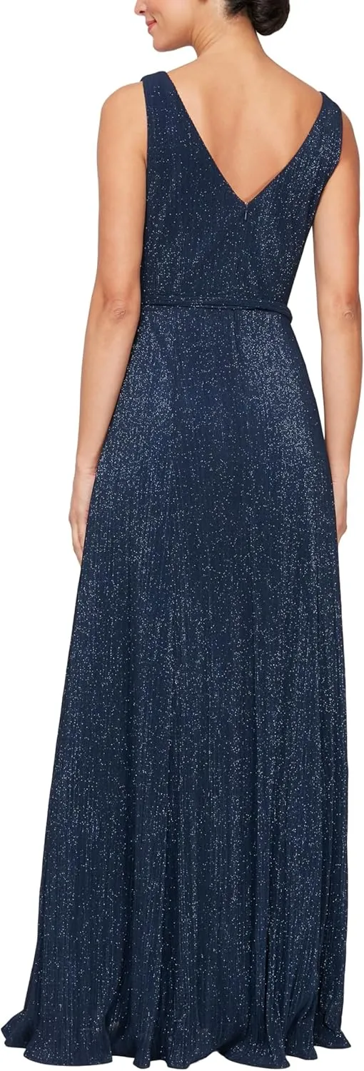 Alex Evenings Women's Sleeveless V-Neck Long A-line, Elegant Formal Gown, Wedding Guest, Party Dress