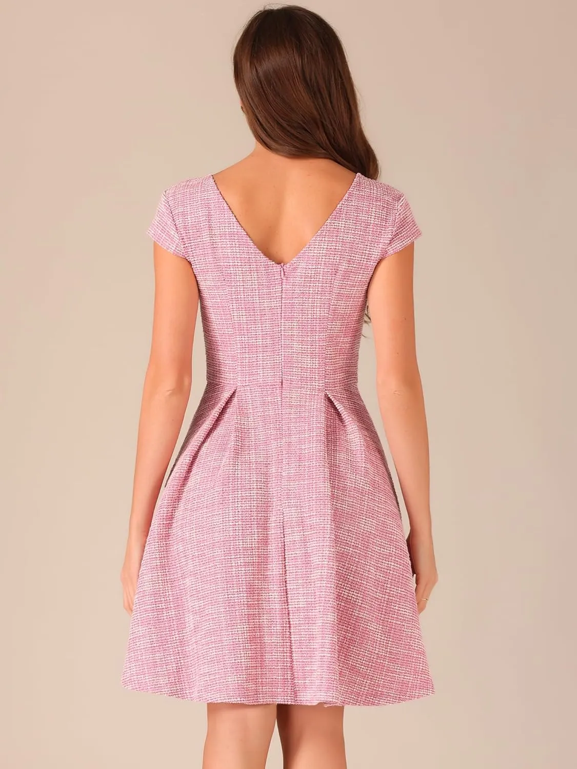 Allegra K Plaid Tweed Dress for Women's Round Neck Cap Sleeve A-Line Vintage Pleated Dresses