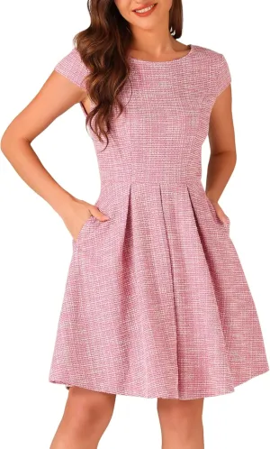Allegra K Plaid Tweed Dress for Women's Round Neck Cap Sleeve A-Line Vintage Pleated Dresses