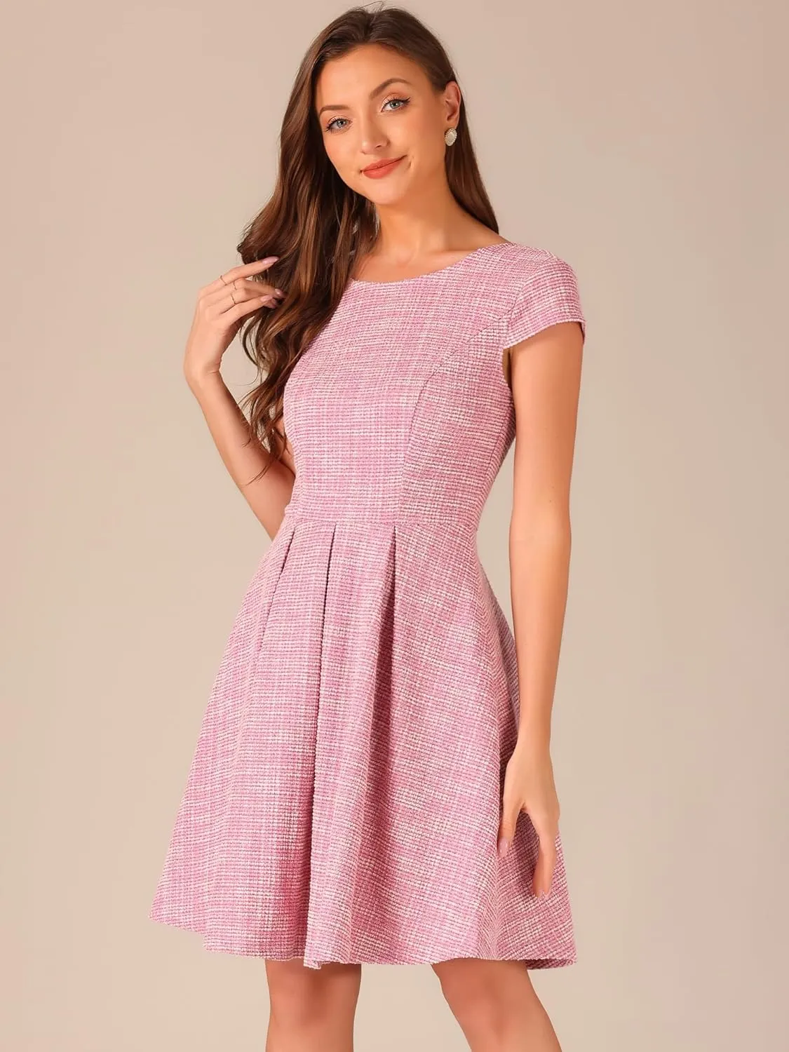 Allegra K Plaid Tweed Dress for Women's Round Neck Cap Sleeve A-Line Vintage Pleated Dresses