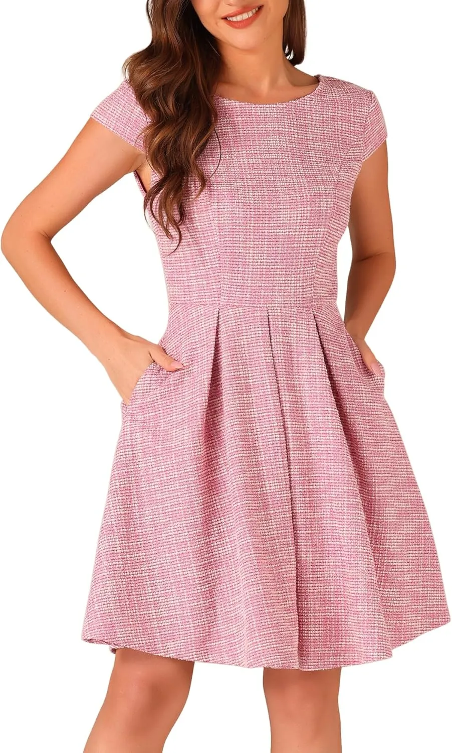 Allegra K Plaid Tweed Dress for Women's Round Neck Cap Sleeve A-Line Vintage Pleated Dresses