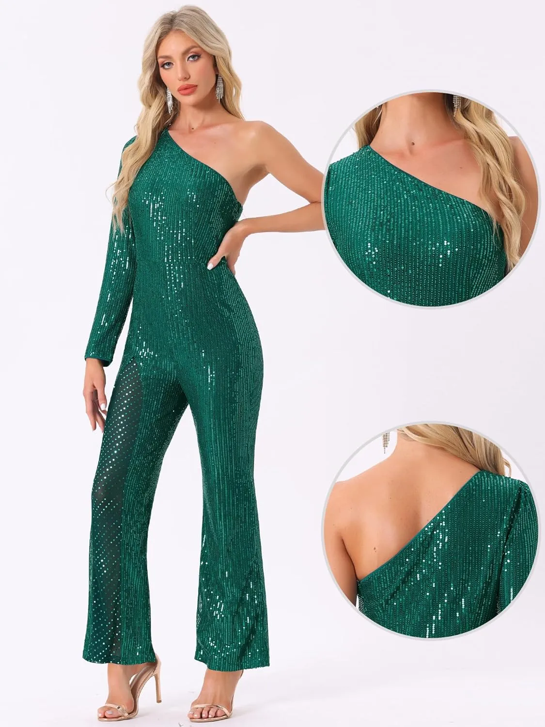 Allegra K Sequin Jumpsuits for Women's One Shoulder See Through Wide Legs Party Romper
