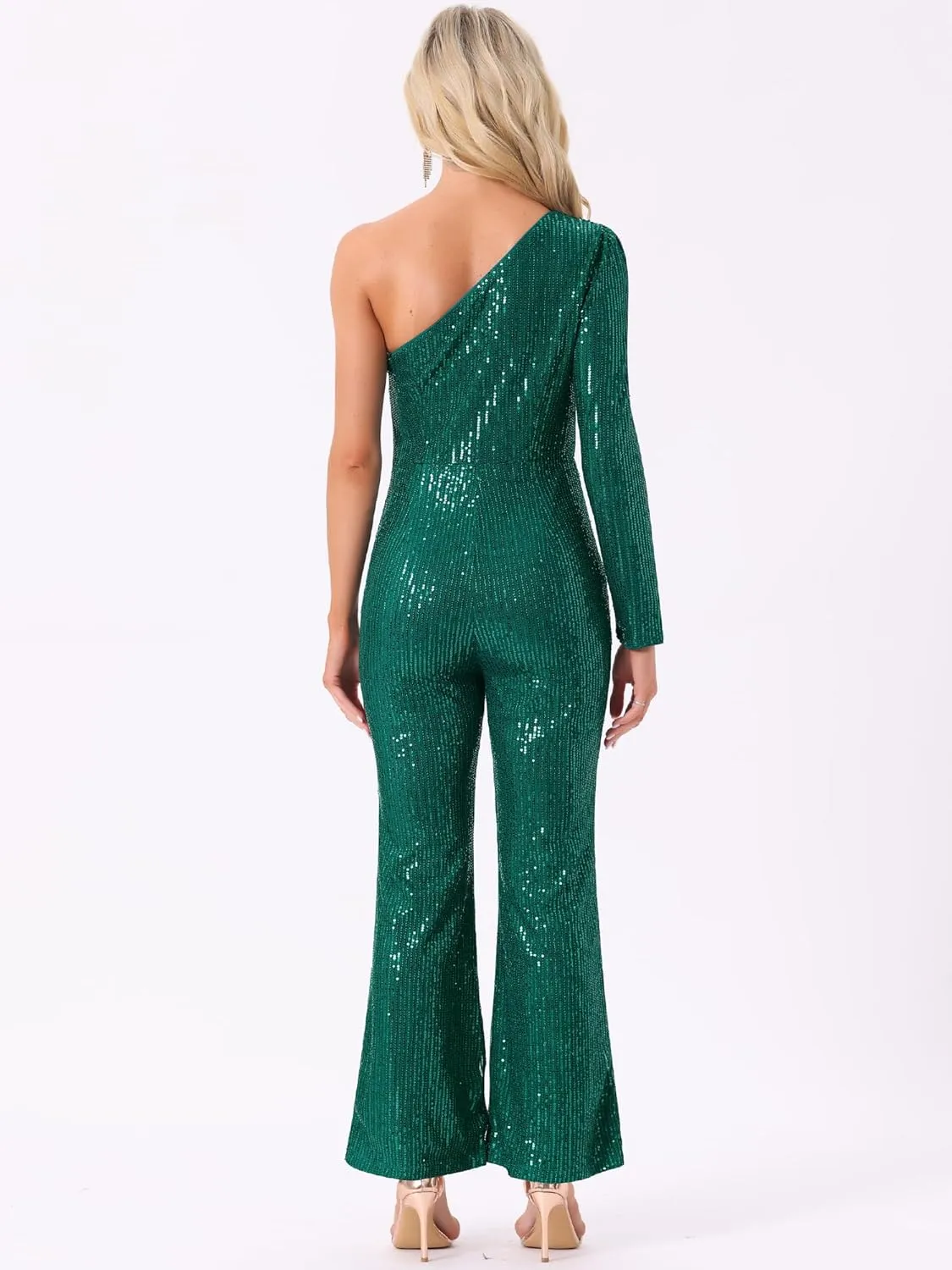 Allegra K Sequin Jumpsuits for Women's One Shoulder See Through Wide Legs Party Romper