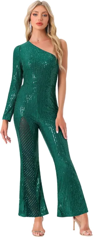 Allegra K Sequin Jumpsuits for Women's One Shoulder See Through Wide Legs Party Romper