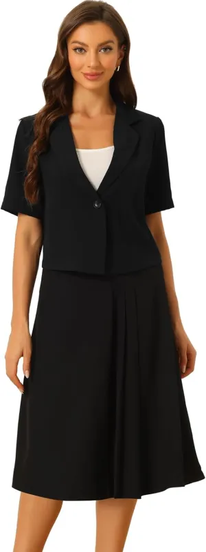 Allegra K Short Sleeve Blazer Skirt Suits for Women's Summer Dressy Business Casual Skirt Suit Set