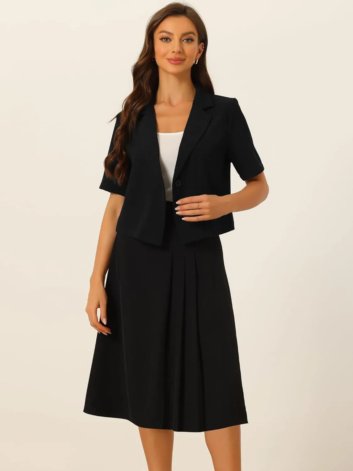 Allegra K Short Sleeve Blazer Skirt Suits for Women's Summer Dressy Business Casual Skirt Suit Set