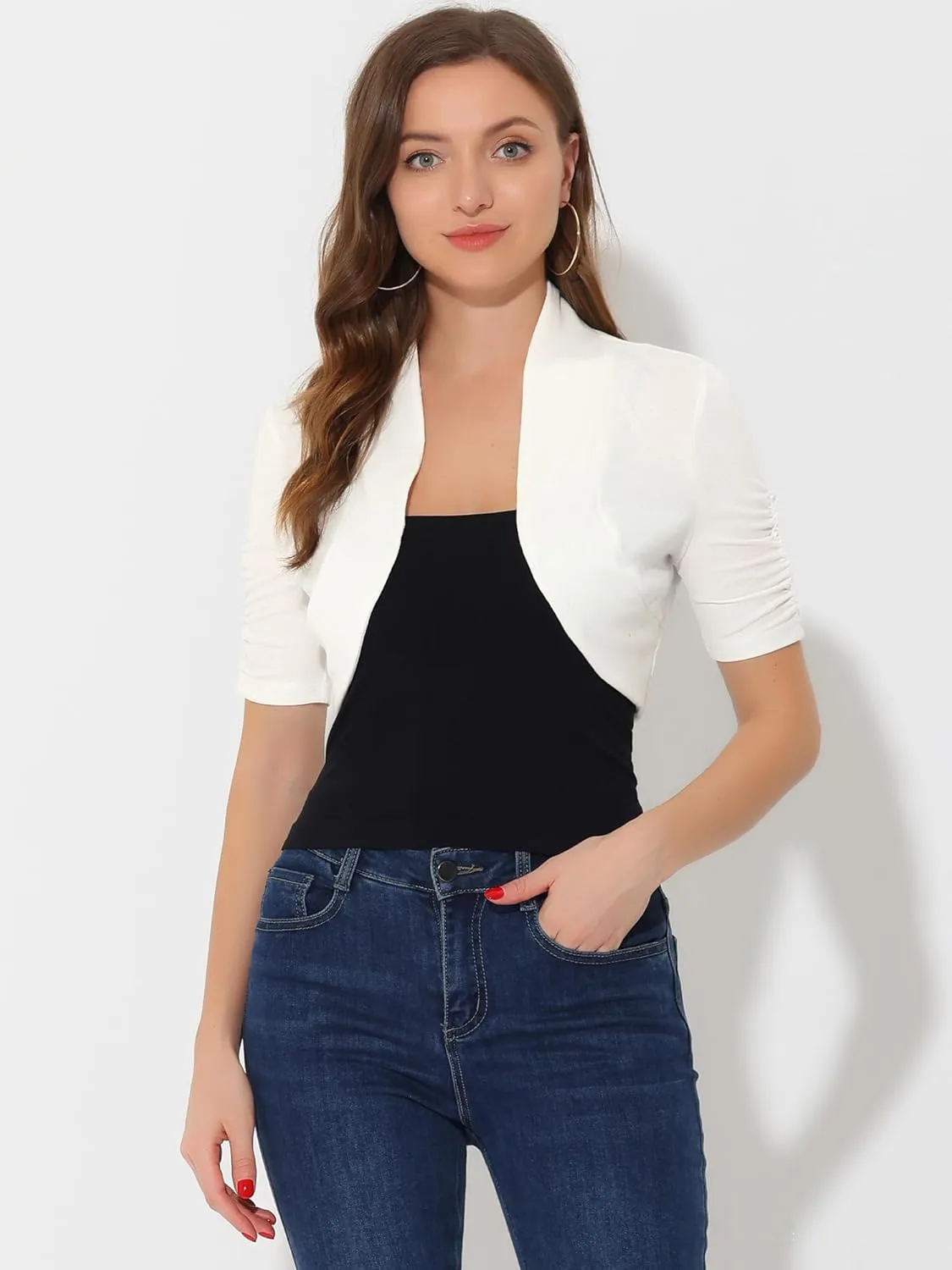 Allegra K Short Sleeve Shrugs for Women's Ruched Sleeve Open Front Cropped Bolero Cardigan