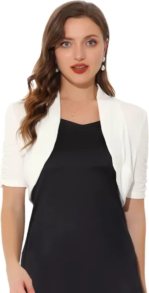 Allegra K Short Sleeve Shrugs for Women's Ruched Sleeve Open Front Cropped Bolero Cardigan