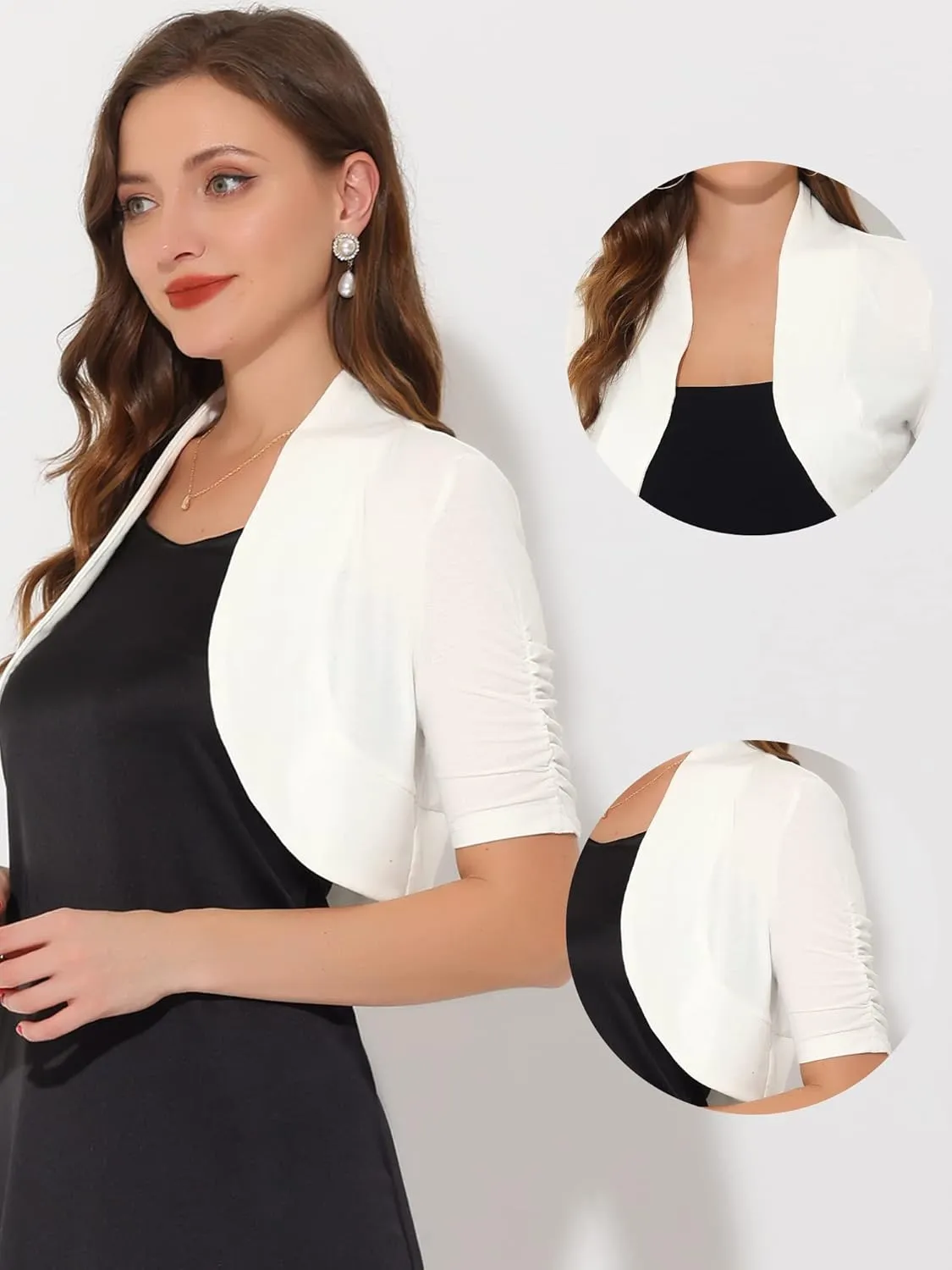 Allegra K Short Sleeve Shrugs for Women's Ruched Sleeve Open Front Cropped Bolero Cardigan