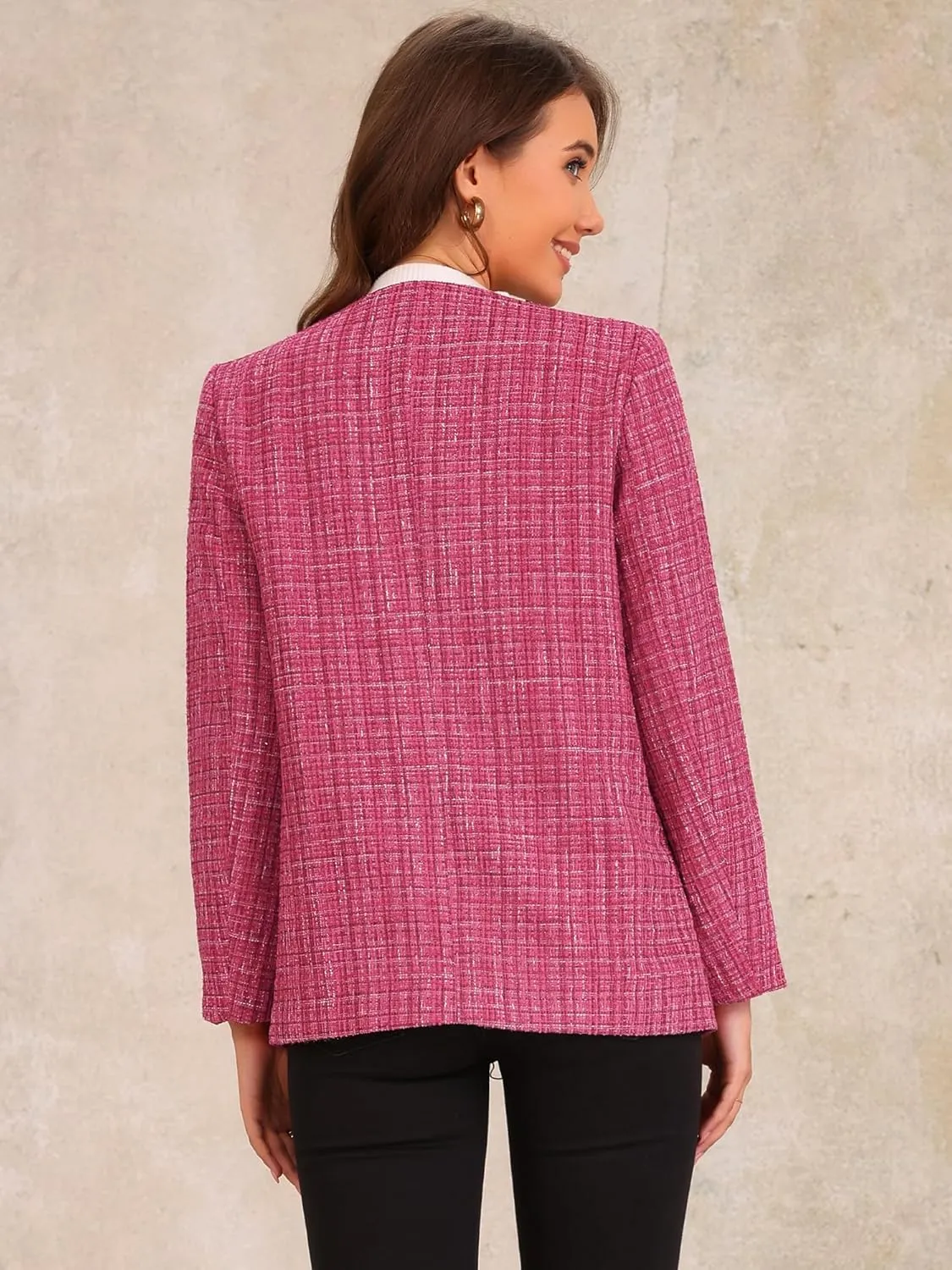 Allegra K Tweed Jacket for Women's Single Breasted Collarless Fringed Casual Business Blazer