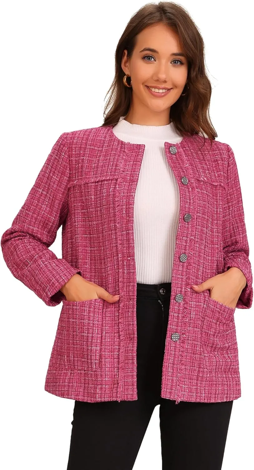 Allegra K Tweed Jacket for Women's Single Breasted Collarless Fringed Casual Business Blazer