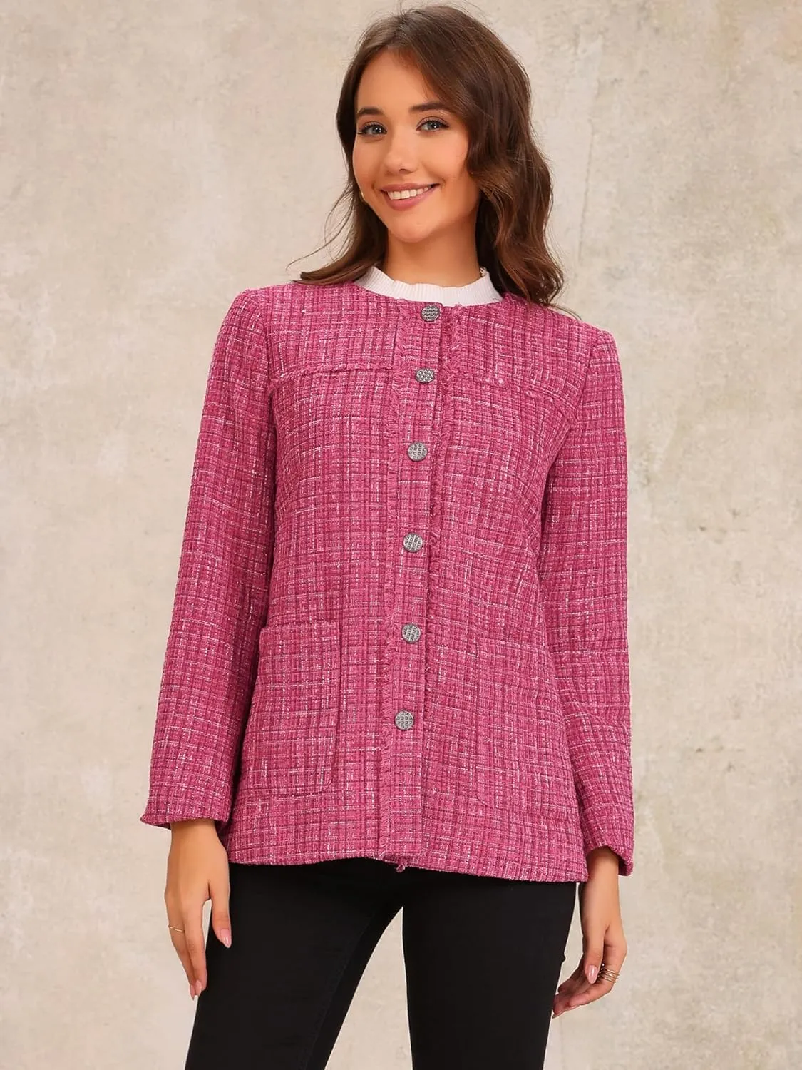 Allegra K Tweed Jacket for Women's Single Breasted Collarless Fringed Casual Business Blazer