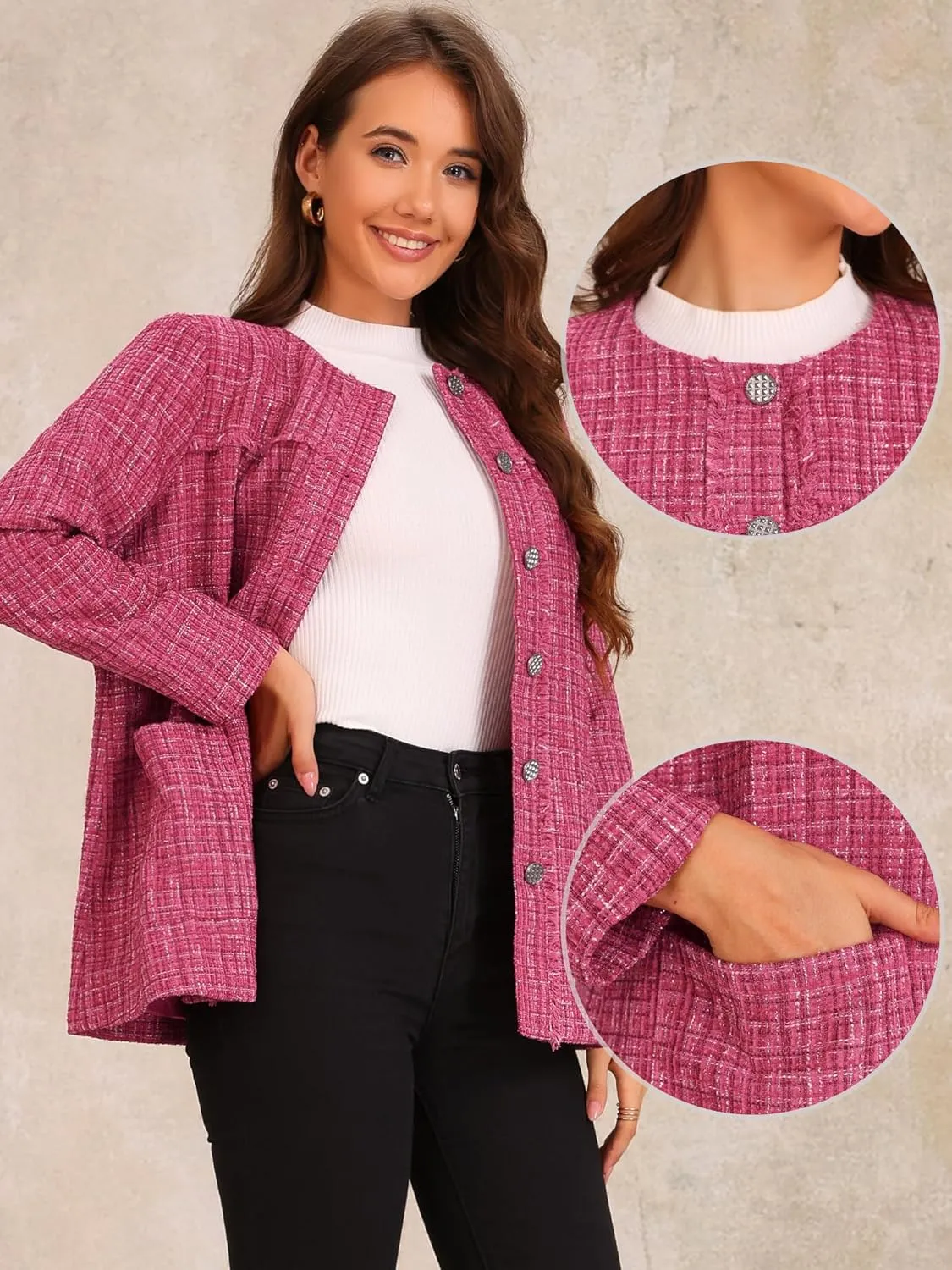 Allegra K Tweed Jacket for Women's Single Breasted Collarless Fringed Casual Business Blazer