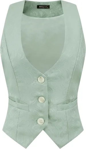 Allegra K Vintage Vest for Women's Button Up Jacquard Steampunk Suit Waistcoat with Pockets
